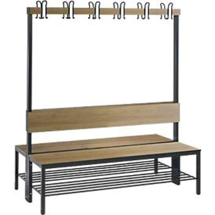 Garderobebank Basic Plus, 2-zijdig, rugleuning, met schoenenrek, beenframe zwart-grijs RAL 7021, B 1500 mm, decor eiken Ser.