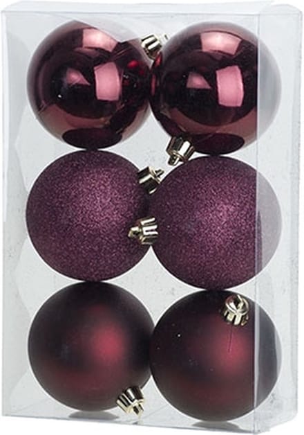 Cosy @ Home Kerstbal Set6 Mix Aubergine D8cm Kunstst