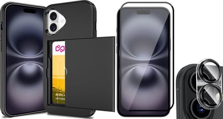 Hoesje met Pasjeshouder geschikt voor iPhone 16 Plus - Screenprotector FullGuard & Camera Lens Screen Protector - Back Cover SlideCase Zwart