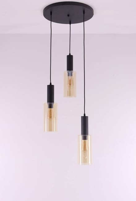 Hanglamp zwart met 3 amber glazen – E27 – 45 cm