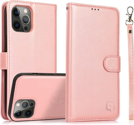 Perfeqt geschikt voor iPhone 14 Pro Uitneembare leer BookCase Hoesje - Rose Gold