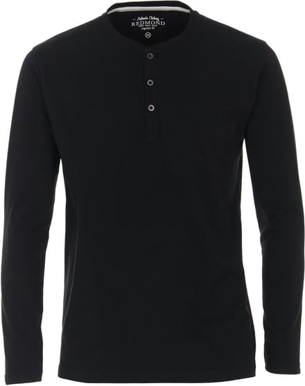 Redmond regular fit T-shirt - lange mouw O-hals met knoopsluiting - zwart