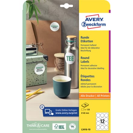 Etiket Avery 60mm rond wit 10 vel 12 etiketten per vel
