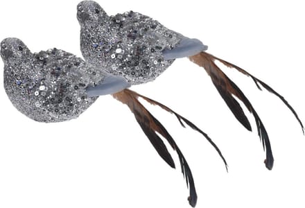 Zilveren decoratie vogeltjes - 2x - vogels - op clip - 25 cm - kerstboomversiering