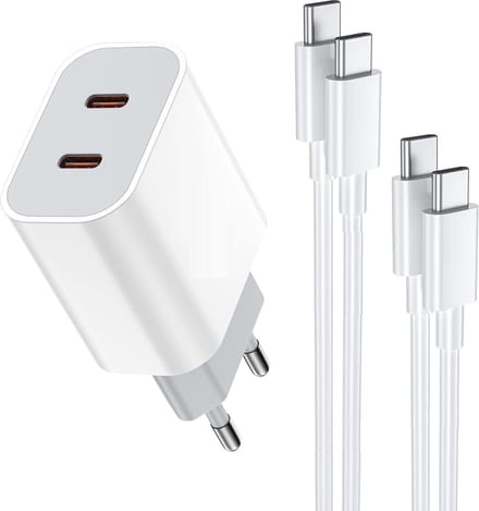 USB-C Lader + 2x USB C Kabel - 1 Meter Oplaadkabel Type C - Geschikt voor Pixel, S24,S23,S22, A54, A25, A14, A05s - Snellader - GaN Tech - 2 Poorten - Wit