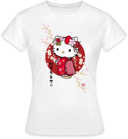 Hello Kitty In Een Rode Kimono En Kersenbloesems T-Shirt Dames