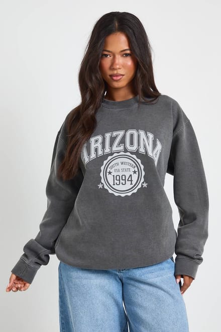 boohoo Dames Arizona Bedrukt Gewassen Oversized Sweatshirt | Houtskool | Maat: XL