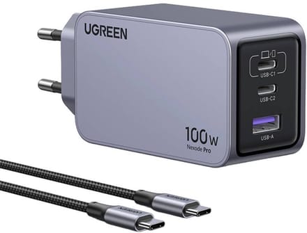 UGREEN Nexode Pro Laadadapter 100 W USB-C bus, USB-C bus, USB-A-bus Zwart, Grijs Binnen GaN
