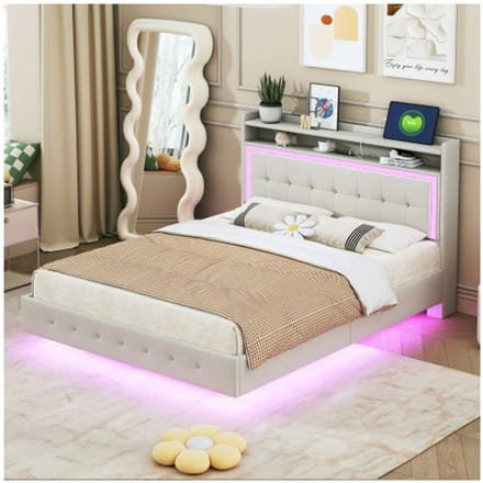 Lit rembourré - MUVOE - 140x200 cm - Prise USB - Éclairage LED - Tissu lin beige beige