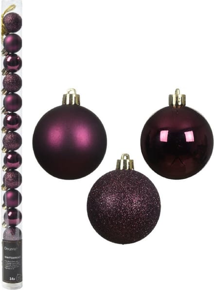 Decoris Mini kerstballen - 14x st - donkerpaars - D3 cm - kunststof - kerstversiering