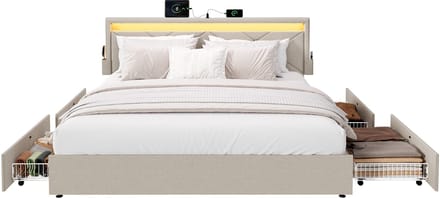 VASAGLE - Bed - LED Verlichting - 4 Lades - Verstelbaar Gestoffeerd Hoofdbord
