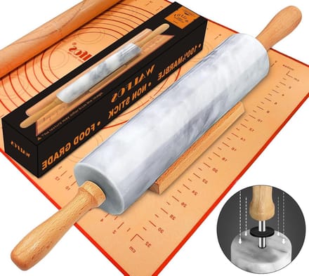 Marmeren Deegroller Set - Bakmat Inclusief - Bakken En Koken - Voedselveilige Siliconen Mat - 42 cm - Grijs Wit