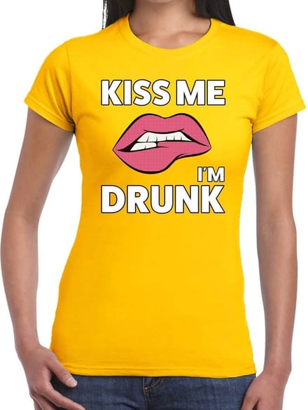 Kiss me i am drunk t-shirt geel dames - feest shirts dames L