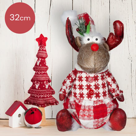 Handgemaakt zittend rendier-vrouwtje – 32/40 cm – geblokte kerstjurk