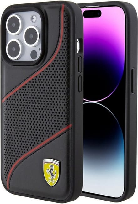 Ferrari PU Leather Perforated Slanted Line Back Case - Geschikt voor Apple iPhone 15 Pro Max (6.7") - Zwart
