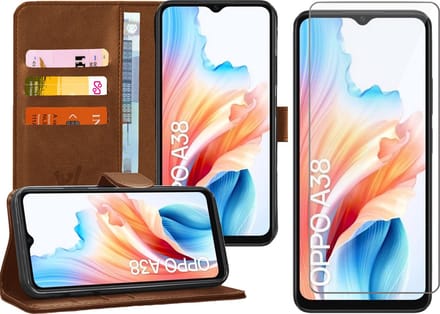Hoesje geschikt voor Oppo A38 4G / A18 - Screenprotector Glas - Portemonnee Book Case Bruin