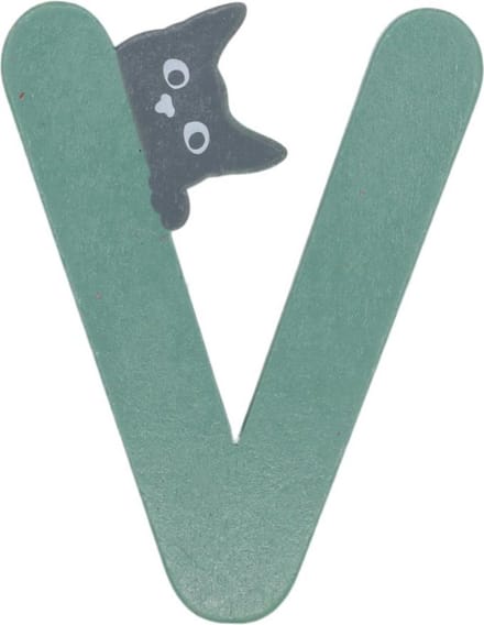 Houten Letter V Groen met Kat | 9 cm