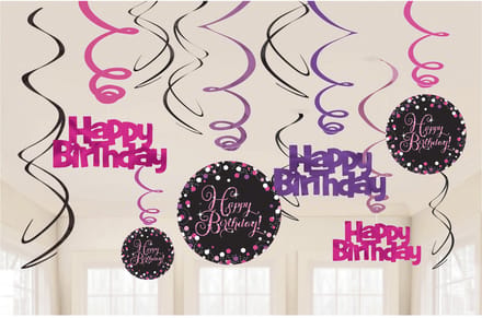 RIETHMULLER - 12 Roze Glinsterende Spiraaldecoraties van Karton "Happy Birthday"