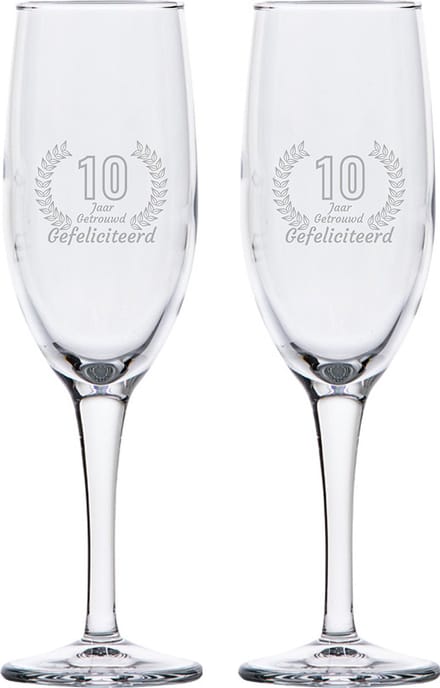 Gegraveerde set champagneglazen 16,5cl Gefeliciteerd 10 jaar getrouwd