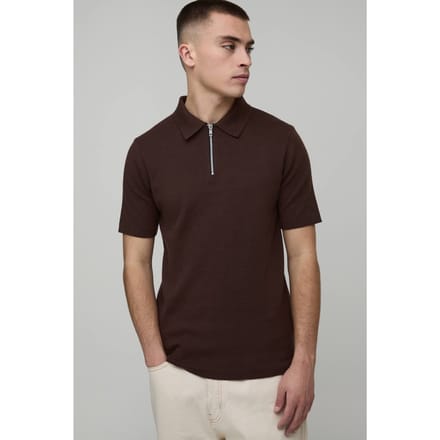 Essential Muscle Fit Soft Touch 1/4 Zip Knitted Polo T-Shirt | Chocolate | Size Medium