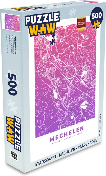 Puzzel Stadskaart - Mechelen - Paars - Roze - Legpuzzel - Puzzel 500 stukjes - Plattegrond