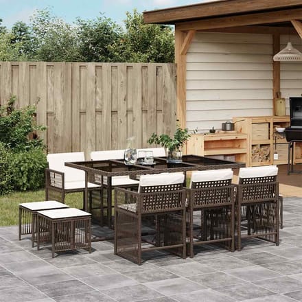 vidaXL - 11-delige - Tuinset - met - kussens - poly - rattan - bruin