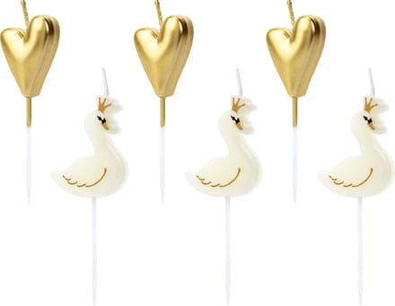 PARTYDECO - 6 Kaarsen op witte en gouden zwanen en harten 3,5 - 4 cm