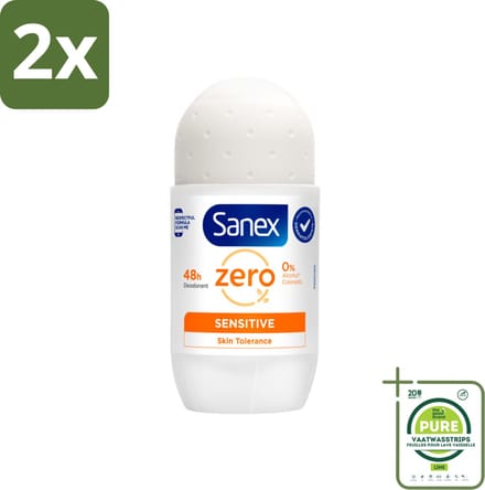 Sanex Deodorant Roller Zero% Sensitive Skin 50 ml - Voordeelverpakking - 2 stuks - Sanex Deodorant Zero% Sensitive - Alcoholvrije deodorant