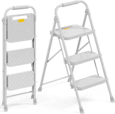 Inklapbare Trapladder - Huishoudladder Opstap - Veilig Klussen - Comfortabele Leuning - 3 Treden - Grijs