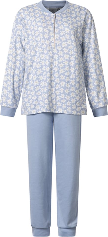 Lunatex - warme dames pyjama 124227 interlock - bloemenprint - blauw - maat L