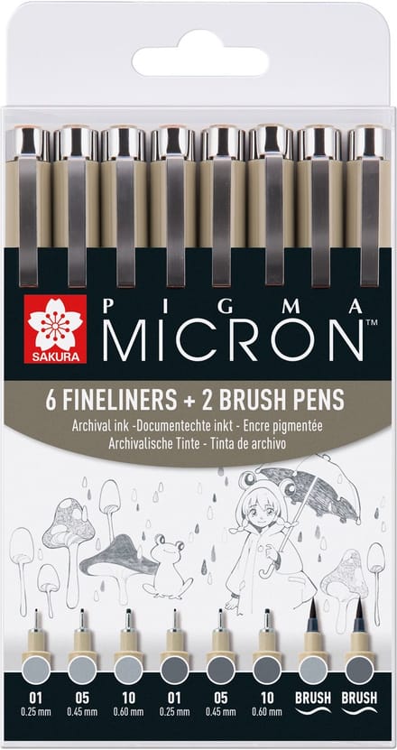 Fineliner sakura pm 6 breedtes en 2 brushpen grijs | 6 stuks