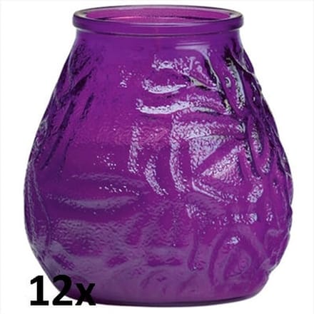 12 stuks low boys paars glazen terras- tuinkaarsen 100/100 (70 uur)