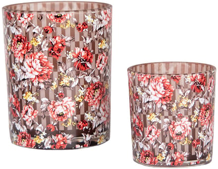 Clayre & Eef Theelichthouder Set van 2 Ø 7x8 / 10x13 cm Bruin Rood Glas Bloemen