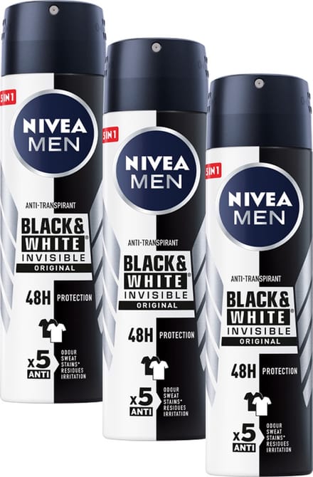 NIVEA MEN Invisible for Black & White Power Deodorant Spray - 3 x 150 ml - Voordeelverpakking