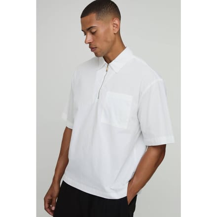 Oversized Boxy Shirt Met Kwart Rits En Korte Mouwen | White | Size Small