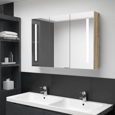 vidaXL - Badkamerkast - met - spiegel - en - LED - 89x14x62 - cm - eikenkleurig