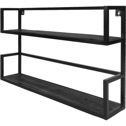 Wandplank Vintage Zwart Mangohout - Duo - Industriële Wandplank van Mangohout met Stalen Frame