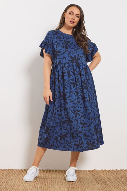 Yours Marineblauwe Abstracte Bloemenprint Midijurk Size 48