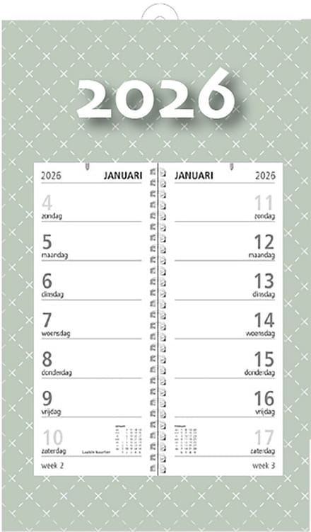 MGPcards - Omlegweekkalender 2026 - Week begint op zondag - 21 x 34 cm - Grijs groen