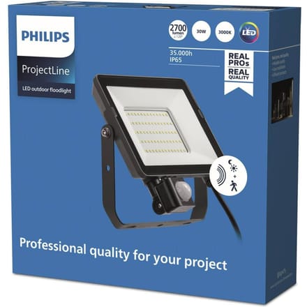 Philips Breedstraler Projectline - Zwart - 30w - 2700lm - Warm Wit - Ip65 - Met Bewegingssensor
