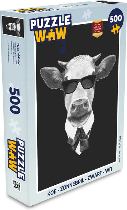 Puzzel Koe - Zonnebril - Zwart - Wit - Legpuzzel - Puzzel 500 stukjes