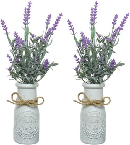 Lavendel kunstplant - 2x stuks - in witte pot - lila paars - H32 cm - lavandula