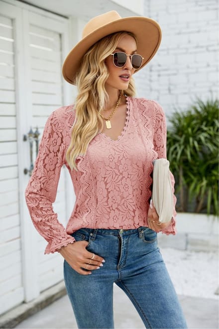 SUNMOOL - Dames Blouse - Dames Shirt - Dames Top - V-hals - Roze - Maat : S