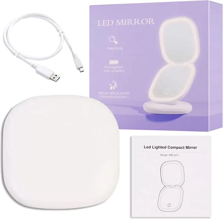 TechU™ Make-upspiegel met Ingebouwd Licht – Werkt op USB – Verstelbaar Licht & Vergroot 5X – Hand Make-upspiegel – Pocket Size – Wit