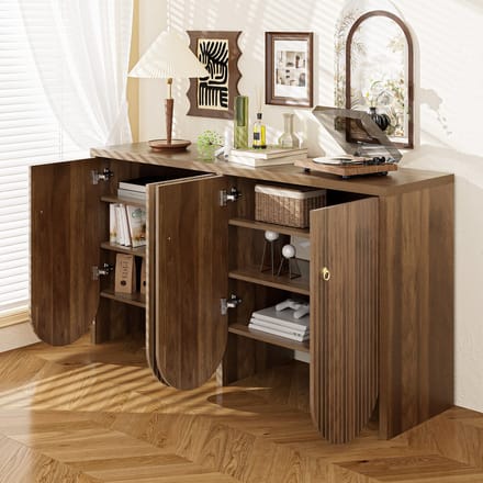 OKWISH Dressoir – Walnootlook Met Verticale Groeven – 147×40×80 Cm – 4 Deuren Met Verstelbare Planken – MDF Houtkleur