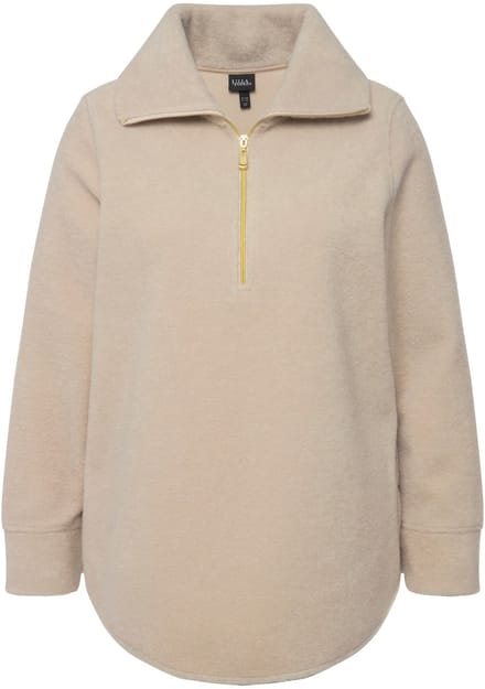 Ulla Popken - Dames - Fleeceshirt A-lijn opstaande kraag rits lange mouwen - Vanille - Maat 46+