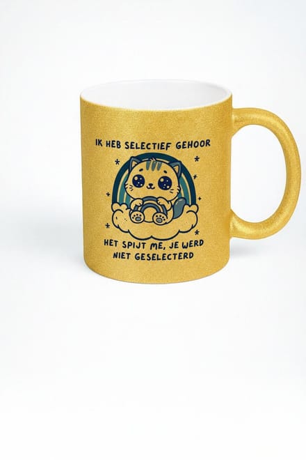 Gouden Mok met Kat Design - IK HEB SELECTIEF GEHOOR - Uniek Cadeau Idee