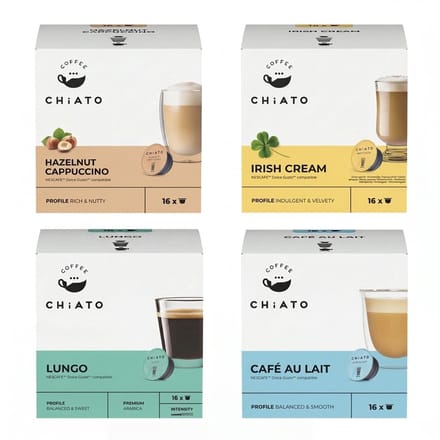 CHiATO Koffiecups Megabundel - Café au Lait, Hazelnut Cappuccino, Irish Cream & Lungo - Geschikt voor Dolce Gusto® - 64 stuks (4 x 16 capsules)