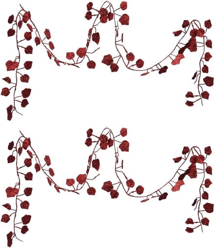 Othmar Decorations Kerstboom slinger - 2x - met bladeren - rood - 200 cm - kunststof