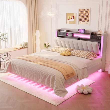 REDOM Gestoffeerd Opbergbed – 180x200 cm – Hydraulische lift – USB & Type-C – Driezijdige LED – PU – Zwart